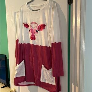 White and Pink Cow Graphic Long Sleeve Tunic